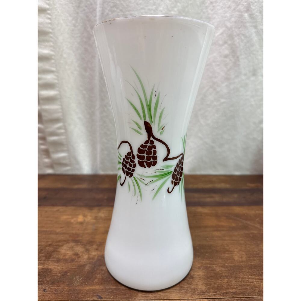 Consolidated Milk Glass Pine Cone Vase Gold Toned Trim Vintage Hand Painted